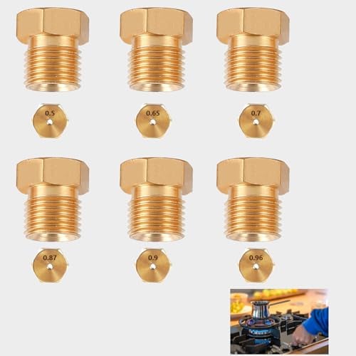 Lot de 6 Injecteurs Gaz Cuisine, Buses de Cuisinière GPL Brûleurs Conversion Propane Butane pour Plaque de Cuisson au Gaz Filetage M6 x 0,75 1 x 0,50 1 x 0,65 1 x 0,70 1 x 0,87 1 x0.9 1 x0.96 cm