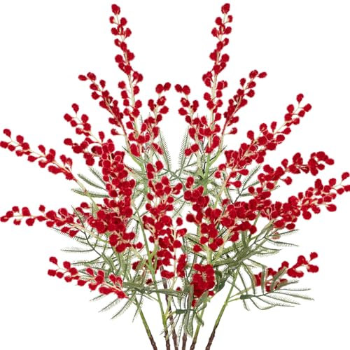 Oairse 6PCS Kunstblumen Künstliche Gelbe Mimose Spray Kirsche Seide Gefälschte Blume für Hochzeit Heimdekoration Esstisch, Schlafzimmer Dekoration, Rot