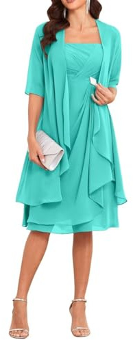 YIANN Kleid für die Brautmutter mit Jacke, 2-teiliges Set, halblangärmelig, knielang, Chiffon Mutter des Bräutigams Kleid, türkis, 46/Große Größen