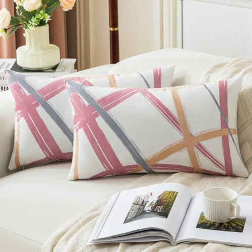 Jayusaror Housses de Coussin 30x50 Rose Jaune Gris Velours Coussin Canape Géométriques Housses Coussin Décoratives d'automne pour Canapé-lit Canapé Décoration Salon Chambre, Lot de 2
