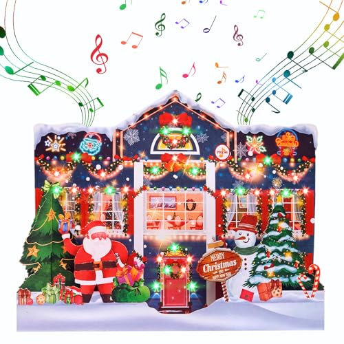 WUJUN Musik-Weihnachtskarte, 3D-Weihnachts-Pop-Up-Karte, spielt 3 Weihnachtsmelodien mit passenden blinkenden Lichtern, Grußkarte, Weihnachtshaus (Blau)