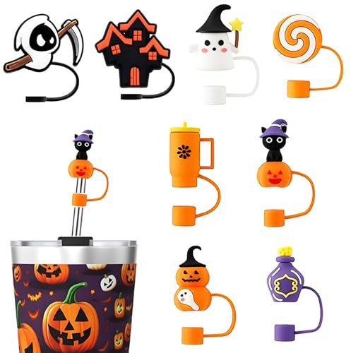 8 Pcs Straw Toppers, Halloween Straw Cover Drinks Water Cup Straw Topper, Halloween Decoration Silicone Reusable Drinking Halloween Cup Straw Covers Straw Water Bottle for Water Cup