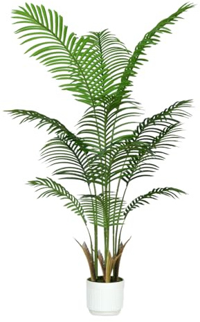 4FT Artificial Palm Tree Indoor with White Pot, Realistic Leaves, 15 Trunks Adjustable Branches, Tall Faux Fake Palm Plant, Ideal for Living Room Bedroom Office Home Interior Aesthetic Decor