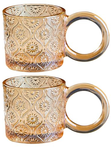Jarsense 2PCS Glasses Vintage Glasses with Handle 250ml Begonia Coffee Mug for Cappuccino Milk Latte Tea (Amber)