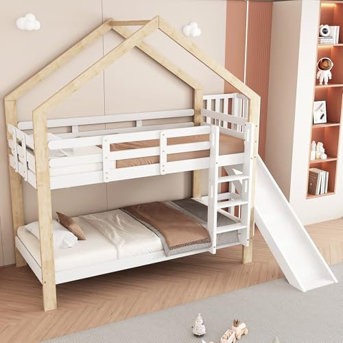 Wiuzo Etagenbett mit Rutsche und dreistufiger Winkelaufstiegsleiter, Hausbett mit mit Absturzsicherung, Kinderbett, Bettrahmen aus Massivholz, Weiß+Natur, 90x200cm