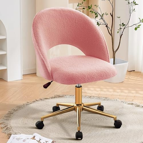 Furniliving Jolie chaise de bureau avec dossier pour filles, chaise de bureau rembourrée sans accoudoirs avec métal doré pour salon, salle de maquillage, chambre à coucher, rose Sherpa