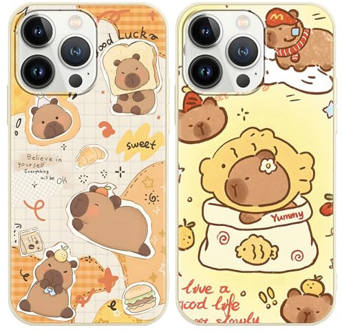 Yimctoie [2 Stück Anime Handyhülle für Apple iPhone 13/iPhone 14 6.1 Hülle, Schutzhülle mit Aesthetic Capybara Muster Cover Niedlich Cartoon Weich TPU Silikon Stoßfest Kratzfest Case, Bread