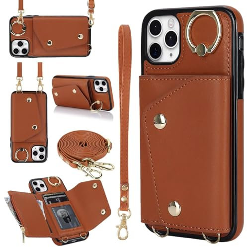 SLWYF Handyhülle für iPhone 11 Pro Hülle mit Band Handykette Ringhalterung Geldbörse, Kartenfach Leder Flip Wallet Klapphülle Umhängetasche Handytasche für iPhone 11 Pro - Braun