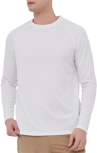 HYCOPROT Camiseta UV Hombre Camisa de Manga Larga UPF 50+ Protección Solar Camisetas Secado Rashguard Rápido Transpirable para Natación Pesca Verano (Blanco, L)