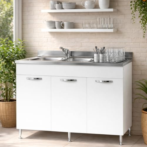 Linea Azzurra Sottolavello 120 con Lavello e Miscelatore Cucina con 3 Ante in Legno Made in Italy H85xL120xP50 cm Facile da Montare (Vasca a Sinistra, Bianco Frassinato)