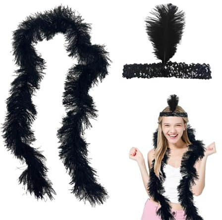 LAKJUOZ Boas 1.5M Federschal Federboa Einfarbig Set Mit Paillettenbesetztem Federstirnband Flauschige Federboa Geeignet Für Tanz Hochzeit Weihnachten Halloween Karneval Dress Up Zubehör(Schwarz)