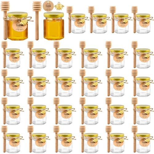 50 Stück Kleine Honiggläser 45ml, leer Marmeladengläser Mini Hexagon Glas Honig mit goldener Deckel,Holzschöpflöffel, Eukalyptus Etiketten, Bienen Charms,Dankeskarten, Jutes, perfekt für Baby Dusche