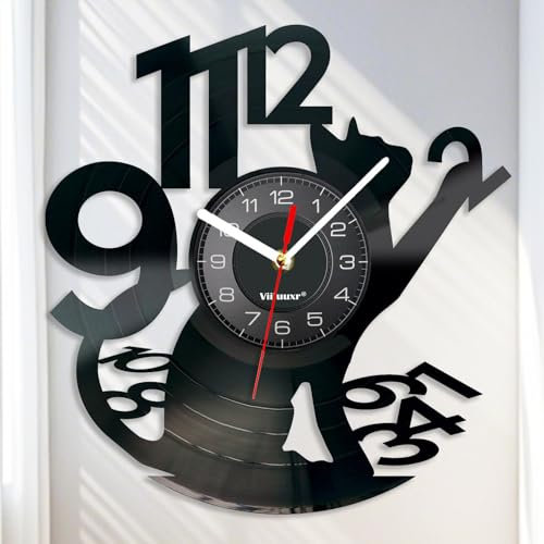 Viiluuxr Vinyl Schallplatten Uhr 30cm Wall Clock Süße Katze Kunsthandwerk Ausgefallene Wanduhren ohne Tickgeräusche Große Digitale Haustier-Wohndeko Interessante Geschenke Kinderwanduhr. (Schwarz)