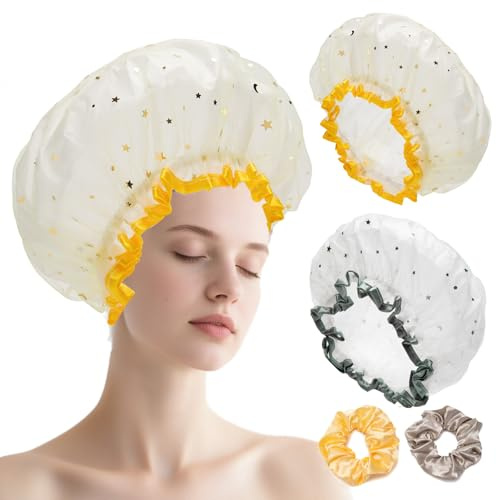 CHAOFANXI 2 Sets Shower Caps for Women Girls, Reusable Shower Cap, Environmental Protection Hair Bath Caps, Double Waterproof Layers Bathing Hat, Large Size for All Hair Lengths, Grey Yellow
