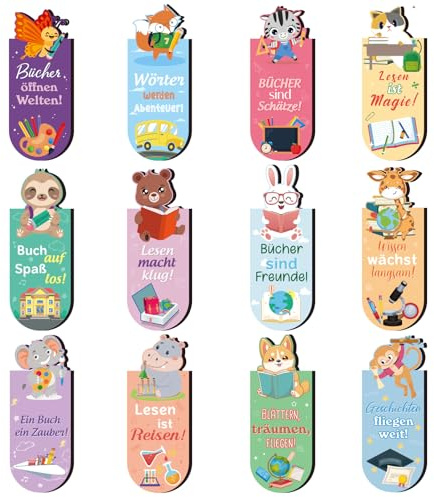 12 Stück Magnetische Lesezeichen Kinder, Schultüte Füllung Magnetlesezeiche | Tiere Lesezeichen Magnetisch mit Sprüchen über Lesen Kindergeburtstag Gastgeschenke 5 6 7 8 9 10 Jahre Schultüte für Schüler