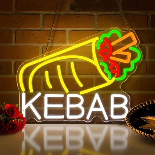 KEBAB Panneau néon pour décoration murale, panneau de porte LED alimenté par USB avec interrupteur à intensité variable pour Kebab Döner Shop Food Stall