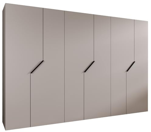MEBLE KRYSPOL - Kleiderschrank - Garderobenschrank - 300 cm x 202 x 52 cm - Schrank mit Kleiderstange, 6 Türen - für Schlafzimmer, Flur - Andrew, Kaschmir, Griff Schwarz
