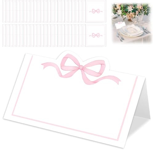 50PCS Name Cards for Table Setting, Name Place Cards with Pink Bow, Elegant Practical, for Wedding, Birthday, Party, Formal Gatherings