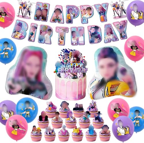 Decoración Cumpleaños, 31 Piezas Dem0n Globos de Cumpleaños con Pancarta, Adorno para Tarta y Globos, Temática de Anime Decoración para Fiesta de Cumpleaños Infantiles