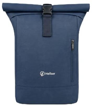 HELLSER Rolltop Rucksack – Laptop Rucksack mit 15,6 Zoll Fach, erweiterbar & Koffergurt – wasserabweisend, kompakt 40x29x12 cm für Uni, Schule, Alltag, Reisen & Handgepäck – Blau