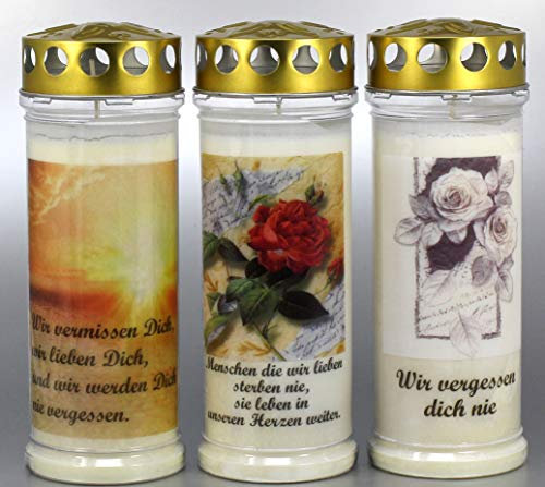 Grablichtkerze 3er Set mit 21x7,5 cm und ca. 7 Tage Brenndauer | Grabkerze mit Motiv und Spruch | Trauerkerze mit Foto und Spruch | 3857