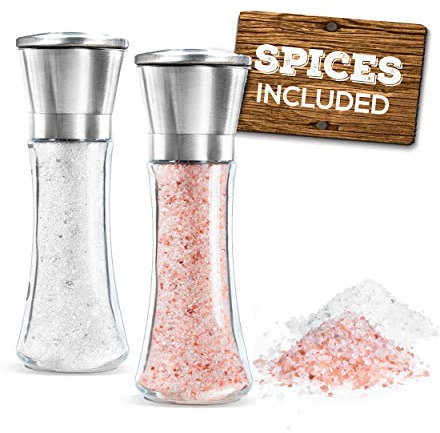 Prefilled Salt and Pepper Grinder Two Piece Set - Includes White Rock Salt & Himalayan Pink Salt - Glass and Stainless Steel Mill - Large Shakers - Top Loading Design by Mason Mills