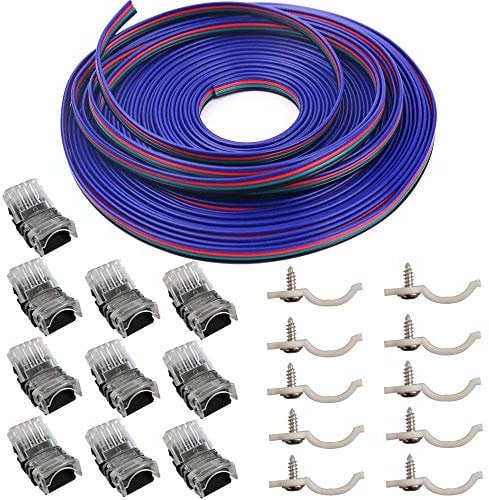 10er-Pack 4-poliger LED-Steckverbinder für wasserdichte 10-mm-RGB-5050-LED-Lichtleisten, Strip-to-Wire-Schnellverbindung ohne Abisolieren, 4-poligen Verlängerungskabels mit 16,4 Fuß (22 Gauge)