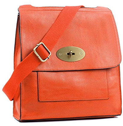 AOSSTA Damen Cross-Body Taschen Leder Groß/Medium Twist Lock Crossbody Messenger Bag Turnlock Umhängetasche, Orange, One Size