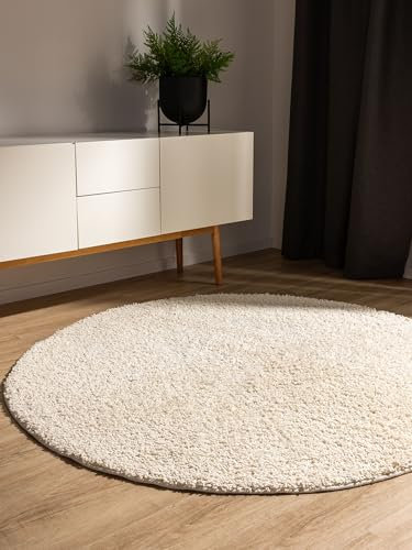 benuta Basic Hochflorteppich Soho - Cream ø 200 cm rund - Kuschelig Weicher Teppich im Minimalistischen Look - Pflegeleicht - Fußbodenheizung Geeignet