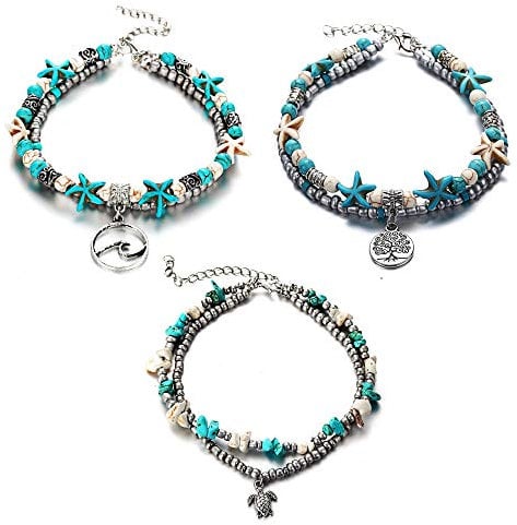 Uloveido 3 pcs Turquoise Boho Anklets, Tree of Life & Turtle & Wave Anklets Bracelets, Blue Starfish Multi-Layer Charm Beads Handmade Foot Jewelry
