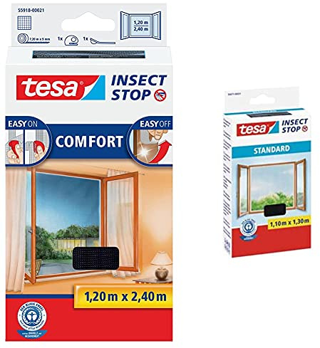 tesa Insect Stop COMFORT Fliegengitter für bodentiefe Fenster - Insektenschutz selbstklebend, 120 cm x 240 cm & Insect Stop Fliegengitter für Fenster - Insektenschutz zuschneidbar - 130 cm x 150 cm