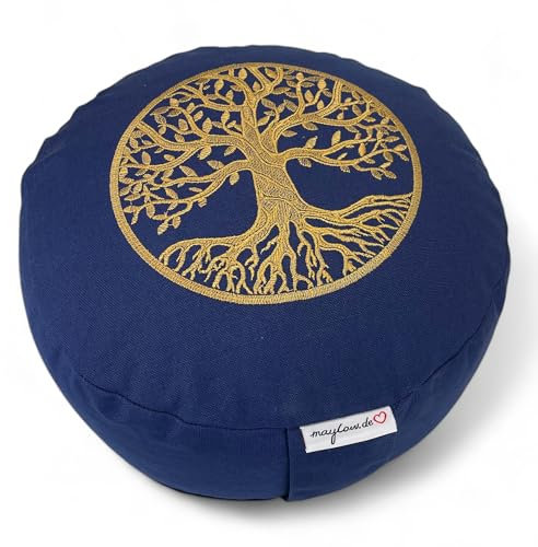 maylow Yoga mit Herz - Yogakissen Meditationskissen mit Stickerei Baum des Lebens 33x15cm mit Dinkelspelz gefüllt - Bezug und Inlett 100% Baumwolle (blau/Gold)