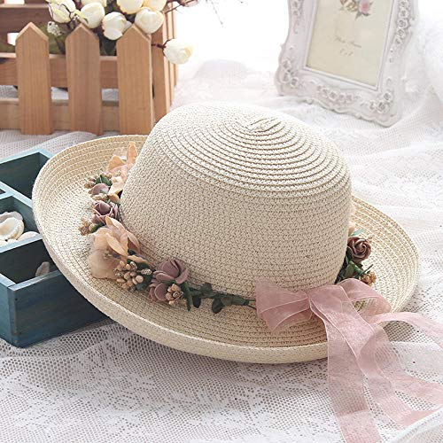 Sonnenhut Strohhut Hut Damen Mode Weiblich Lässig Stroh Klassische Hut Hüte Kappen Frauen Falten Blumen Strand Sonne Hüte-Beige_Size (56-_58Cm)
