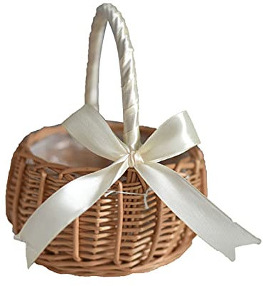 ZRSWV - Cesto in vimini per fiori, cestino per damigelle d’onore, con fiocco, realizzato a mano, con manico e fodera in plastica, per cerimonie nuziali (bianco, S)