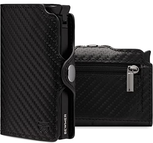 BEWMER Porta Carte di Credito 1 ZIP Schermato | Portafoglio Slim da Uomo e Donna | Porta Tessere e Documenti con Rfid Protection e Fermasoldi in Carbon Fiber (Nero Carbon con ZIP)