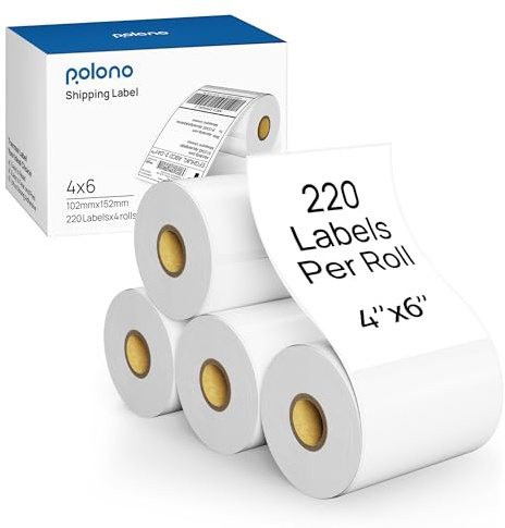 POLONO Lot de 4 rouleaux d'étiquettes thermiques directes compatibles avec POLONO PL60, Zebra, Munbyn, Rollo, IDPRT SP410, adhésif permanent puissant et perforé, qualité commerciale