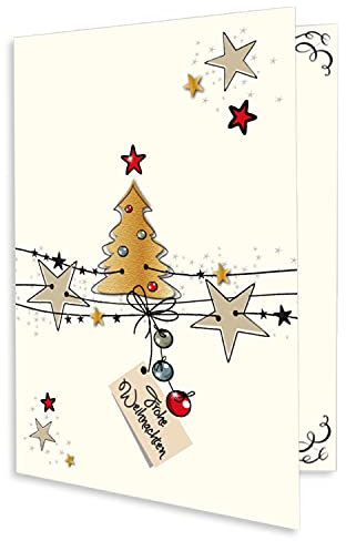 NEUSER PAPIER 50x kleine Weihnachtskarte DIN A7 in Weiß mit Weihnachtsbaum und Sternen - Faltkarten mit Weihnachtsmotiv - 7,4 x 10,5 cm - Weihnachtsgrüße für Firmen und Privat