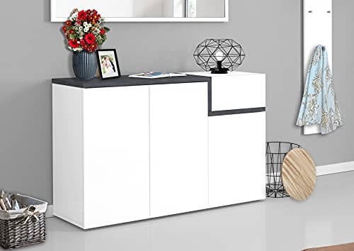 Dmora Scarpiera Steve, Mobile Multiuso 3 Ante e 1 anta a ribalta, Portascarpe da ingresso, 100% Made in Italy, cm 120x40h80, Bianco lucido e Ardesia