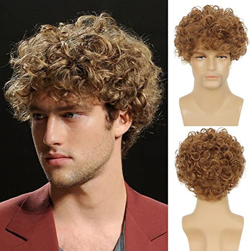 Beweig Short Wig for Men Blonde Layered Curly Wig Synthetic Halloween Costume Hair Wigs with Wig Cap