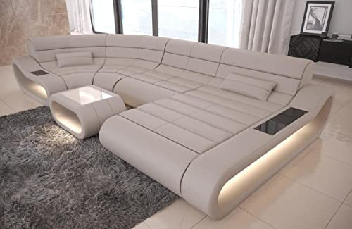 Wohnlandschaft Concept U Form Sofa in Leder - mit LED Beleuchtung, ergonomische Rückenlehnen, Recamiere/Lederfarben wählbar/Ausrichtung Ottomane wählbar (Ottomane rechts, Beige)