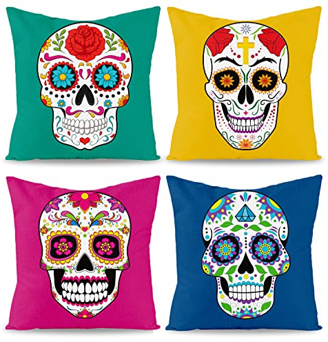 WATINC 4 Stück Tag der Toten Kissenbezüge Sugar Skull Floral Throw Pillowcase Dia De Los Muertos Leinen Quadratische Kissenbezüge Mexikanische Fiesta Festival Party Dekorationen für Sofa Couch Bett