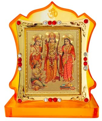 RideoFrenzy Gold Plated Ram Darbar Idol for Car Dashboard | Small Shree Ram Ji Murti for Home, Office Table, Mandir | Full Ram Darbar with Hanuman Ji Idol for Gifting & Decoration