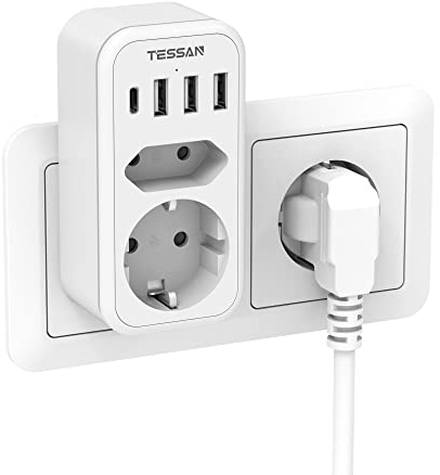 Doppelstecker für Steckdose, TESSAN USB C Mehrfachsteckdose, Steckdosenadapter 2Fach mit 4 USB Netzstecker, Mehrfachstecker für Steckdose Kompatibel für Phone, Weiß