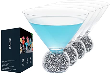 Dounx Stemless Martini Glasses Set of 4, Bling Cocktail Glasses with Sparkle Ball Base, Fancy Ultra-thin Margarita Glassware, Hand Blown Crystal Cup for Parties, Birthdays, Gift, Bar, Dessert (Silver)