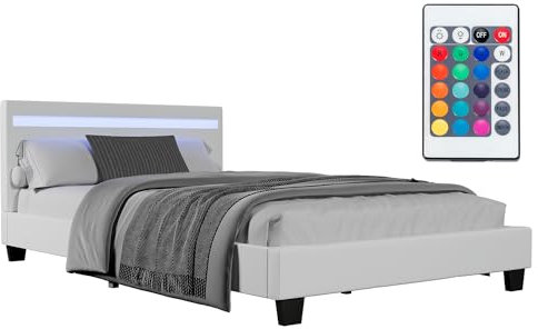 Juskys Polsterbett Verona 120x200 cm - Bett komplett mit LED-Beleuchtung, Matratze und Lattenrost - Kunstleder Bezug - weiß - Jugendbett