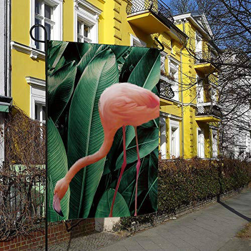 Drapeau De Jardin Flamingo Plantes Tropicales Feuilles De Bananier Vertes Été Résistant À La Décoloration Bannière Couleurs Vives Bruant Pour Jardin Intérieur Extérieur,30X45Cm