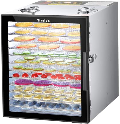 Tinzida - Food dehydrator machine, 12 stainless steel trays, 194ºF temperature control, 24 hour timer, safety overheat protection