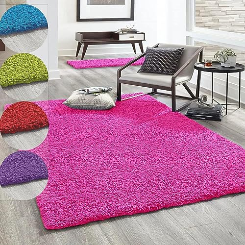 VIMODA Hochflor Teppich Prime Shaggy Langflor Wohnzimmer Schlafzimmer Rund Farbig, Farbe:Pink, Maße:160x220 cm