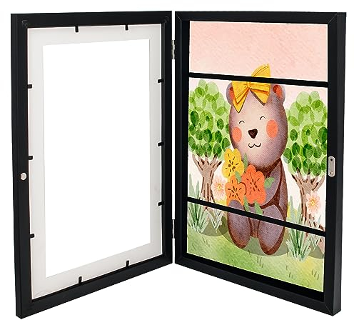 Kodilin A4 Bilderrahmen Kinderzeichnungen,kinder kunst bilderrahmen zum öffnen, A4 aufklappbar Frontöffnung Bilderrahmen Kinderbilder,Befüllbarer Wechseln Kunstfotorahmen(1pc,schwarz)