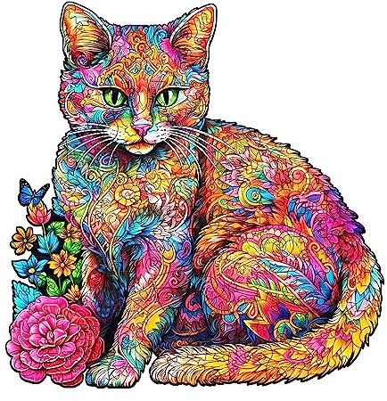 CHARMIBLE Wooden Naughty Cat 300pc Jigsaw Puzzle, Custom Shape, Whimsical Style, 34.4 x 33.8 cm, 300 Pieces, Ages 13+
